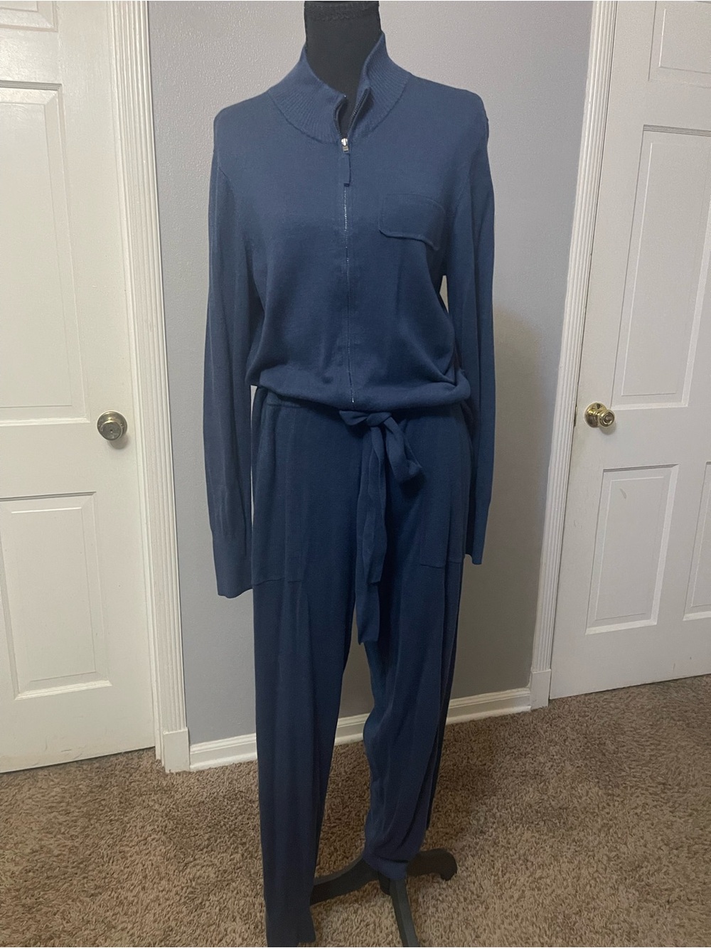 Zuda Blue Sweater Belted Jumpsuit